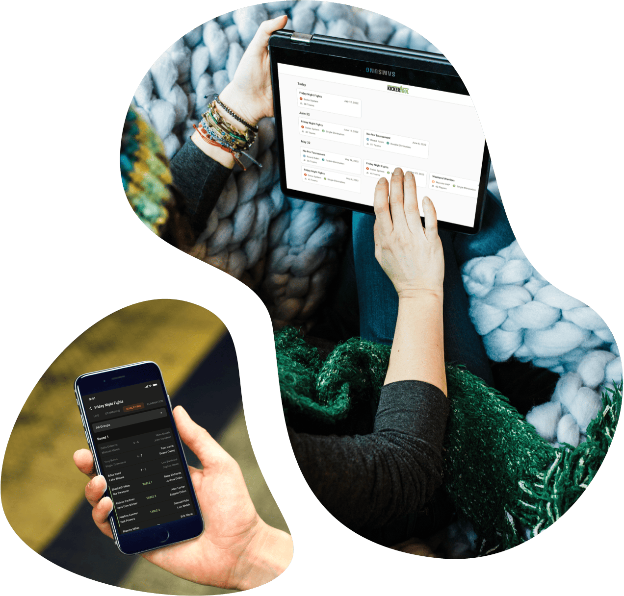 Hand holding a smartphone showing Kickertool results